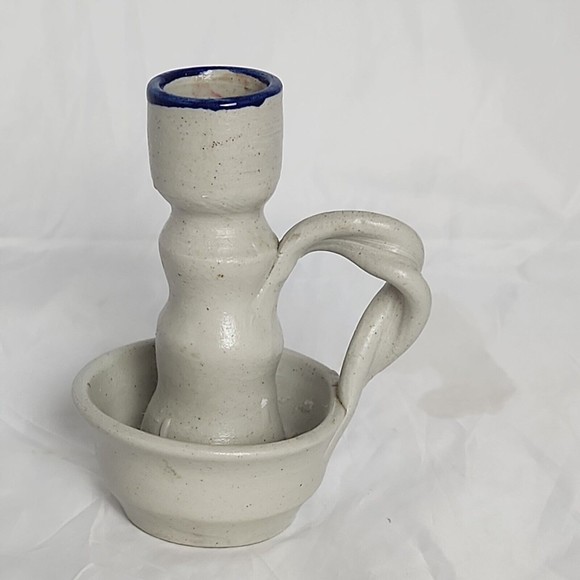 Williamsburg Pottery Cobalt Blue Leaf Salt Glaze Stoneware Candlestick Holder 5" - Picture 3 of 7